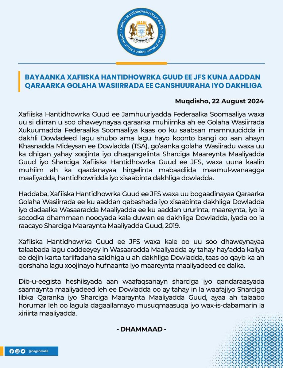 swssoag's tweet image. Xafiiska Hantidhowrka Guud ee Jamhuuriyadda Federaalka Soomaaliya wuxuu soo dhaweynayaa qaraarka Golaha Wasiirrada ee ku saabsan maareynta canshuuraha iyo dakhliga dowladda, kaas oo xoojinaya hufnaanta iyo isla xisaabtanka maaliyadeed. @AIGutale