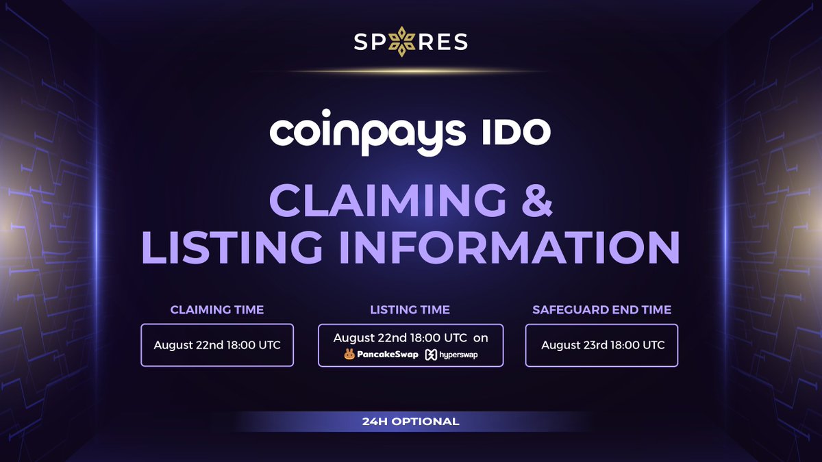 Spores Network (@spores_network) on Twitter photo 📢 COINPAYS LISTING INFORMATION
Dear <a href="/CoinPaysApp/">CoinPays.io</a> 's Investors,
Here is all the information about the listing of $CPY for you 👇
✅ Claiming time: 18:00 UTC, August 22nd on Spores Launchpad
✅ Listing time: 18:00 UTC, August 22nd on PancakeSwap & HyperSwap
✅ Safeguard end 📢 COINPAYS LISTING INFORMATION
Dear <a href="/CoinPaysApp/">CoinPays.io</a> 's Investors,
Here is all the information about the listing of $CPY for you 👇
✅ Claiming time: 18:00 UTC, August 22nd on Spores Launchpad
✅ Listing time: 18:00 UTC, August 22nd on PancakeSwap & HyperSwap
✅ Safeguard end