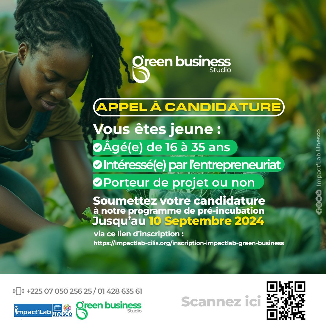 impactlab_cilis's tweet photo. Appel à Candidature : Impact'Lab Green Business Studio 

Tu as entre 16 et 35 ans ? Intéressé(e) par l'entrepreneuriat vert ? 

Rejoins notre programme de pré-incubation ! 

🔗 Candidatures jusqu'au 10 Sept 2024 : https://t.co/JLiFuZW29p

#EconomieVerte https://t.co/lnt4qwNRV3