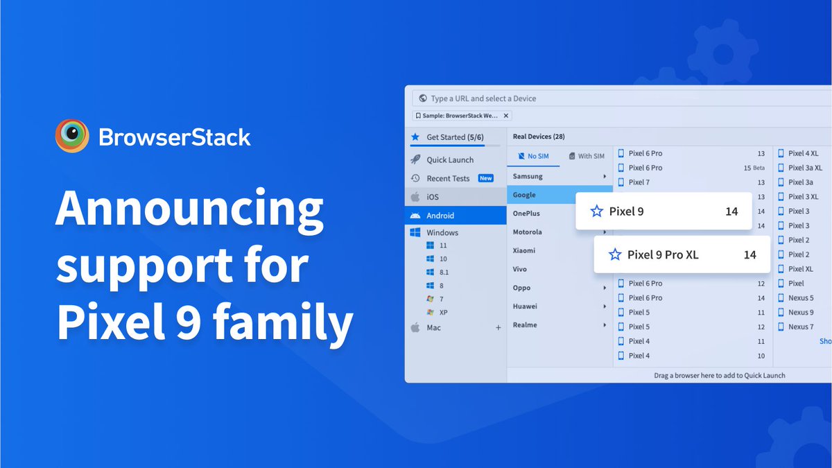 browserstack's tweet photo. π Big news! π
We are thrilled to announce that Pixel 9 family is now available for testing on BrowserStack right on the day of its retail launch!
Start testing now: https://t.co/FPgpRMhEgw
#QualityAtSpeed #SoftwareTesting #Pixel9 https://t.co/MD2bNSdGRK