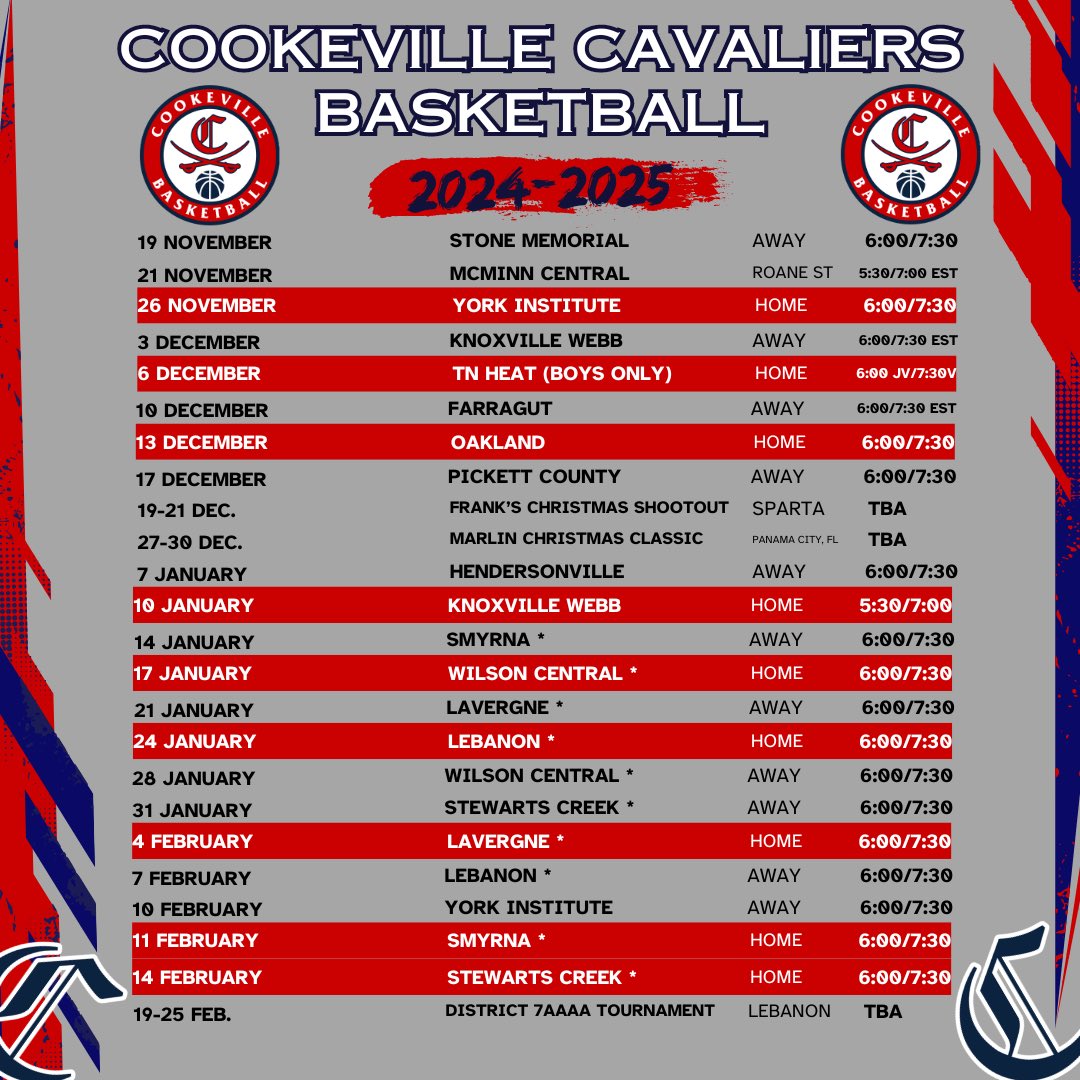 Mark your calendars!  2024-2025 Cavalier Basketball schedule!