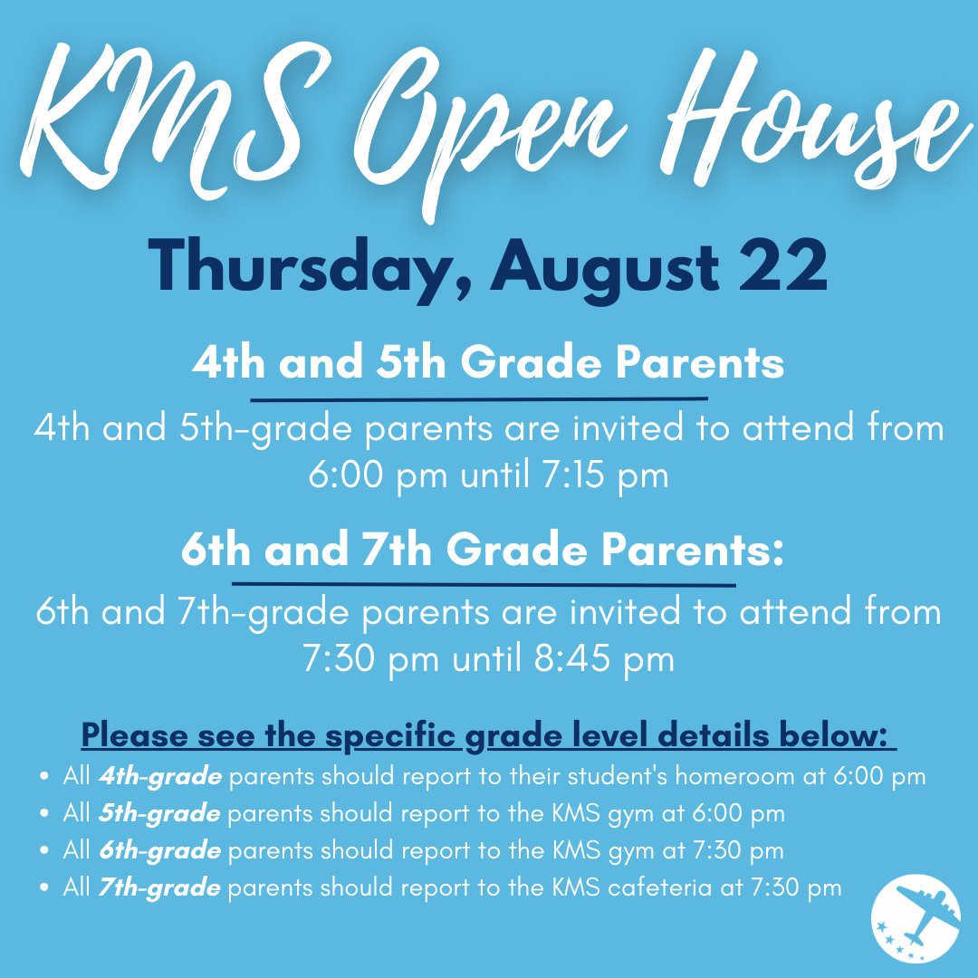 Reminder KMS Open House is tonight,  August 22
📚4th and 5th-grade parents are invited to attend from 6:00 pm - 7:15 pm
📚6th and 7th-grade parents are invited to attend from 7:30 pm - 8:45 pm
Visit kenstonlocal.org/ms/ for more information.
#KenstonSchools