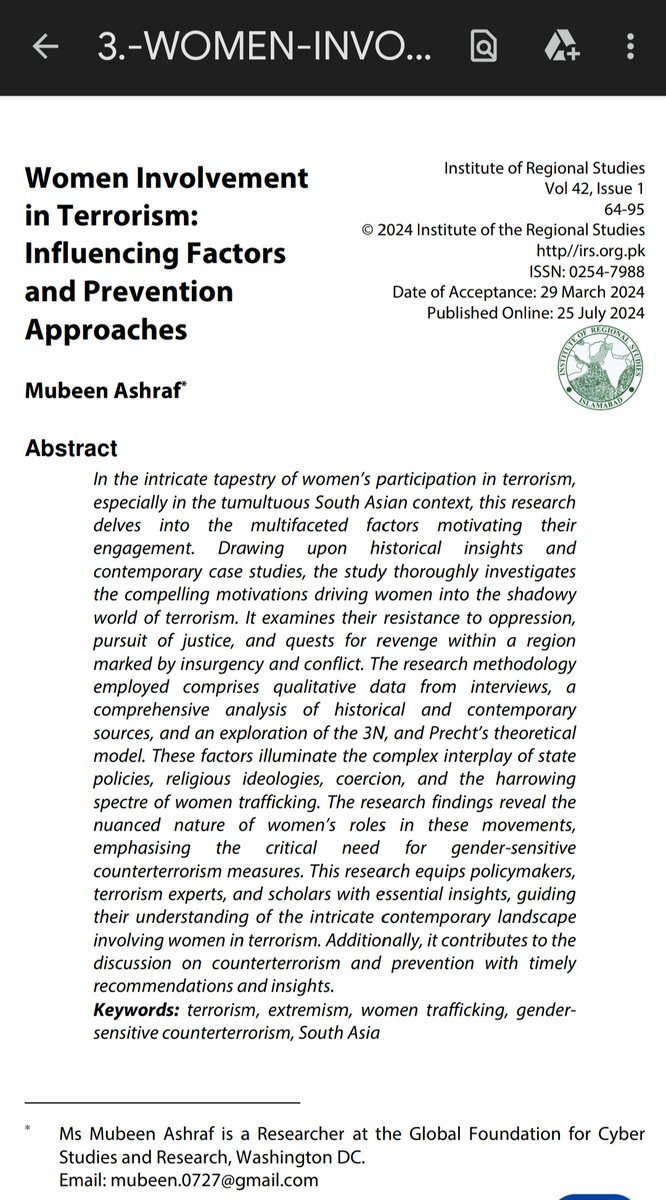Happy to share my paper, Women Involvement in #Terrorism: Influencing Factors and Prevention Approaches, is published in the Y cat. <a href="/IRSIslamabad/">Institute of Regional Studies Islamabad</a> Journal! Huge thanks to my interviewees-Gen Asif Ghafoor, Mr <a href="/JawadFaizi5/">Jawad Faizi (جواد فیضی)</a>, Ms Rahima Jalal &amp; Mr Altaf Wani.
🔗:regionalstudies.com.pk/wp/article/wom…