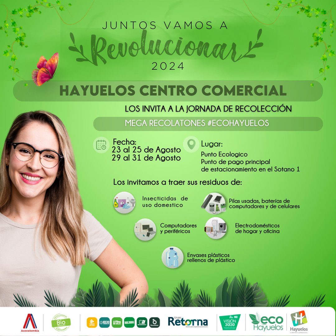 Este año en Hayuelos Centro Comercial, ¡prepárate para los dos MEGA RECOLATONES #ECOHAYUELOS!
¿Cuándo?
1ra Recolatón: 23 al 25 de Agosto
2da Recolatón: 29 al 31 de Agosto
¿Dónde?
En el Punto Ecológico
Ubicado en el punto de pago principal del estacionamiento en el Sótano 1.