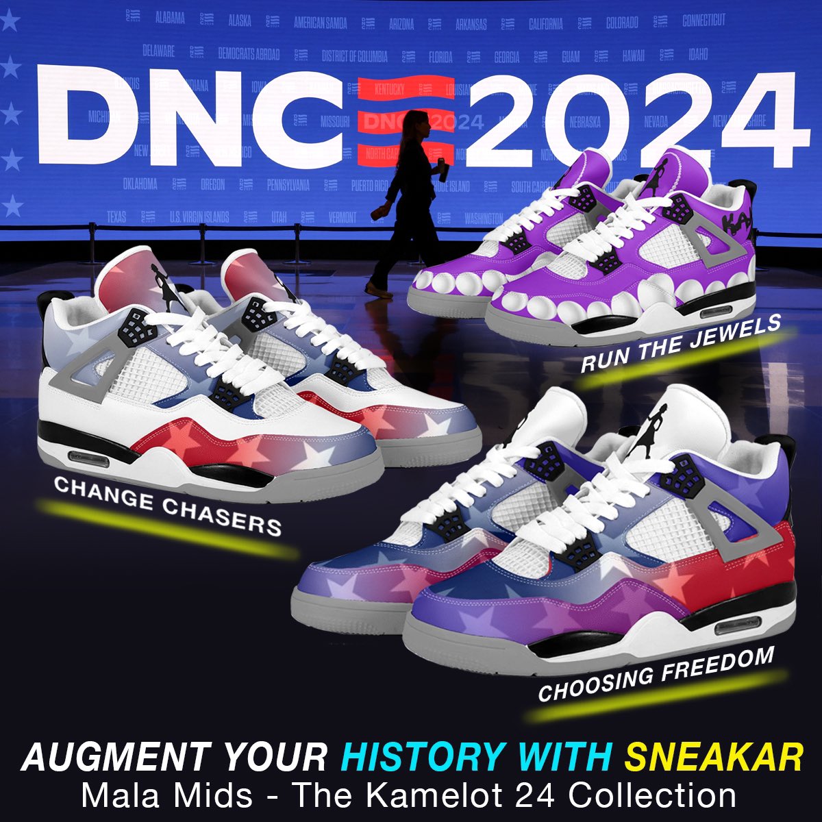 sneakarshoeco's tweet photo. Step into the future in the new ‘Malas by SNEAKAR…Available now in honor of the Democratic National Convention. #KamalaHarris #DNC2020 #Sneakerheads https://t.co/29KqRz9LyW