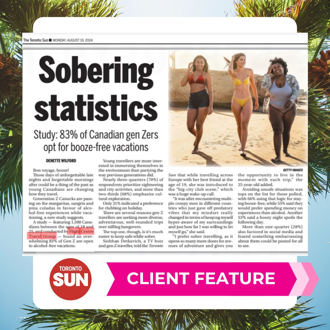 Check it out! Bubblegum client <a href="/FlightCentreCa/">Flight Centre Canada</a> was featured this week in <a href="/TheTorontoSun/">Toronto Sun</a>, highlighting new data about Gen Z travellers opting for booze-free vacations. Thanks <a href="/DenetteWilford/">Denette Wilford</a> for the feature!

Take a look at the full story here: torontosun.com/life/gen-z-can… 
#princanada
