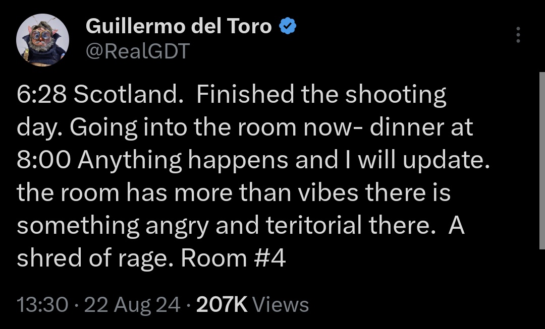 sauron_updates's tweet photo. so fucking locked in to Guillermo Del Toro documenting his haunted hotel room https://t.co/pUarGPTwvl