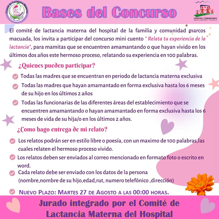 Se amplía el plazo hasta el 27 de agosto a las 00:00 horas para participar del concurso de mini cuentos "Relata Tu Experiencia de la Lactancia". Organiza Comité de Lactancia Materna, Cerrando la Brecha: Apoyo a la Lactancia Materna en Todas las Situaciones.