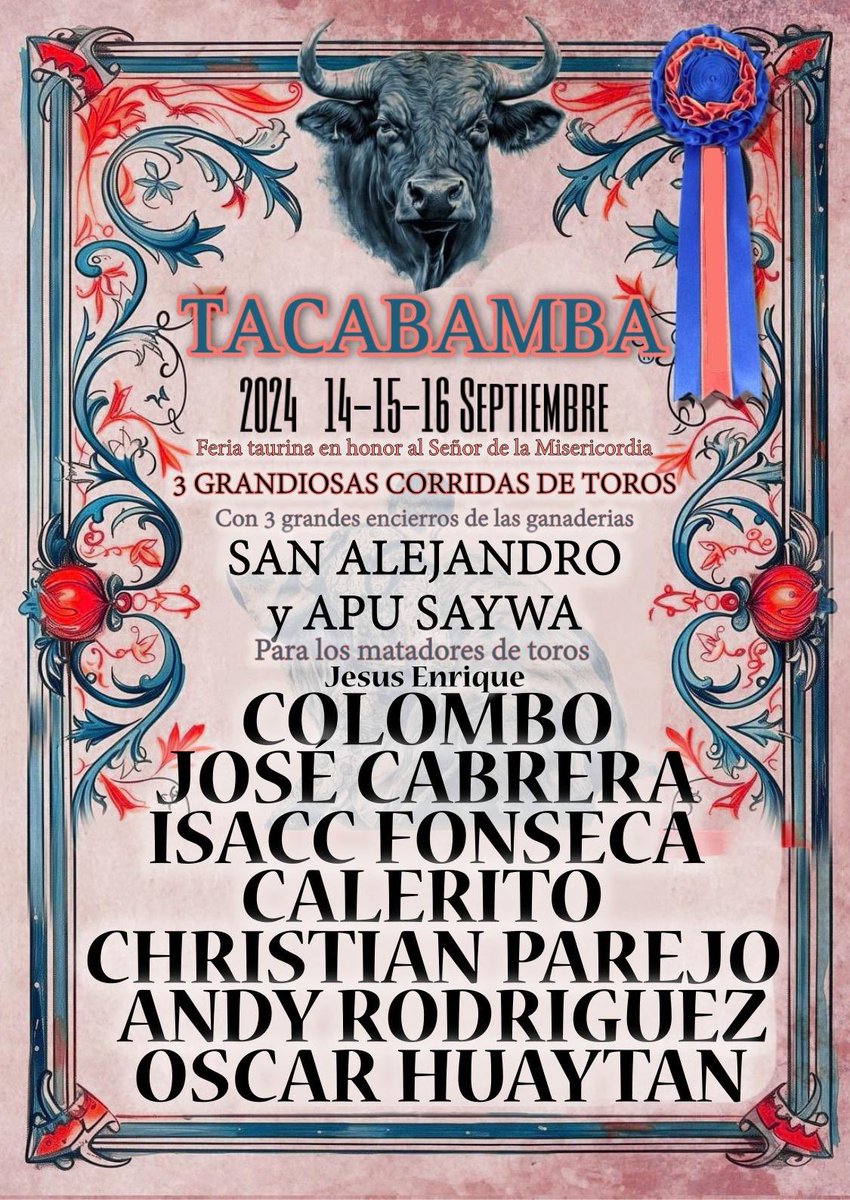 Mi presentación como matador de toros en Perú 🇵🇪 ya tiene fecha. Realizare él paseíllo los días 15 y 16 de Septiembre en la prestigiosa feria de Tacabamba. Deseando conocer su bonita plaza y afición. Nos vemos pronto…!!! 🤟🏽
