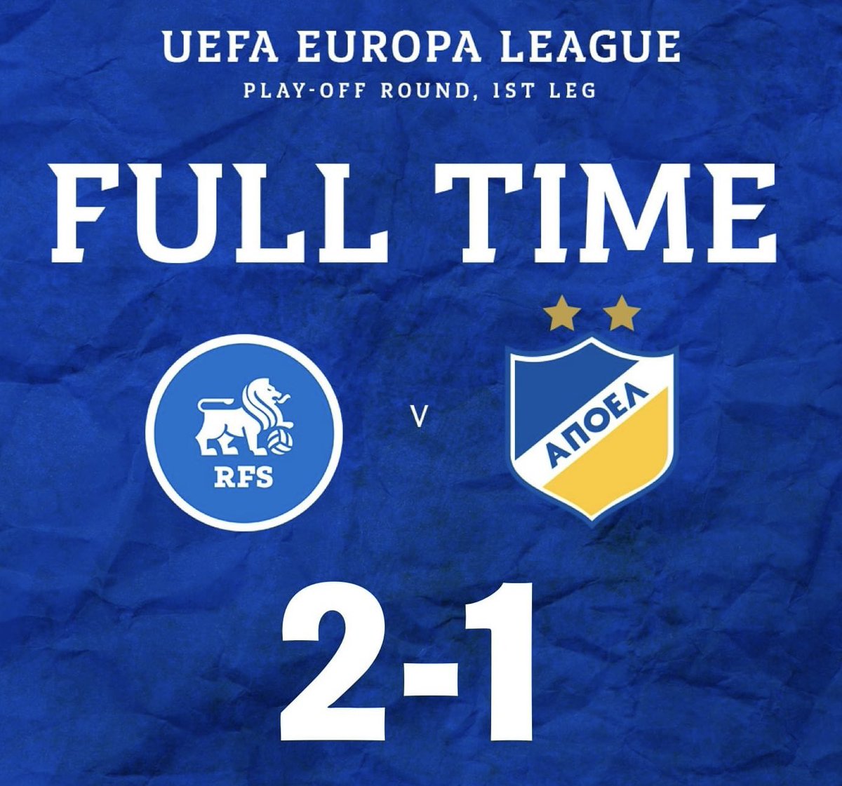 mm_footynews's tweet photo. Crucial 2-1 win for RFS vs APOEL in the 1st leg of the Conference League. Cedric Kouadio & Jānis Ikaunieks scored for the Latvian side! All to play for in Cyprus next week, cmon RFS 💪💪 #RFSvAPO | #UECL https://t.co/Y7Bnideblu