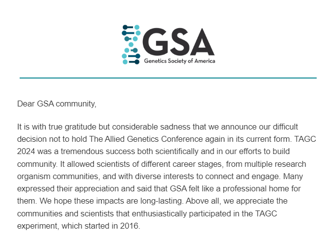 Steve Mount (@ongenetics) on Twitter photo I loved the TAGC (The Allied Genetics Conferences).
This is really too bad.
<a href="/GeneticsGSA/">Genetics Society of America</a> I loved the TAGC (The Allied Genetics Conferences).
This is really too bad.
<a href="/GeneticsGSA/">Genetics Society of America</a>