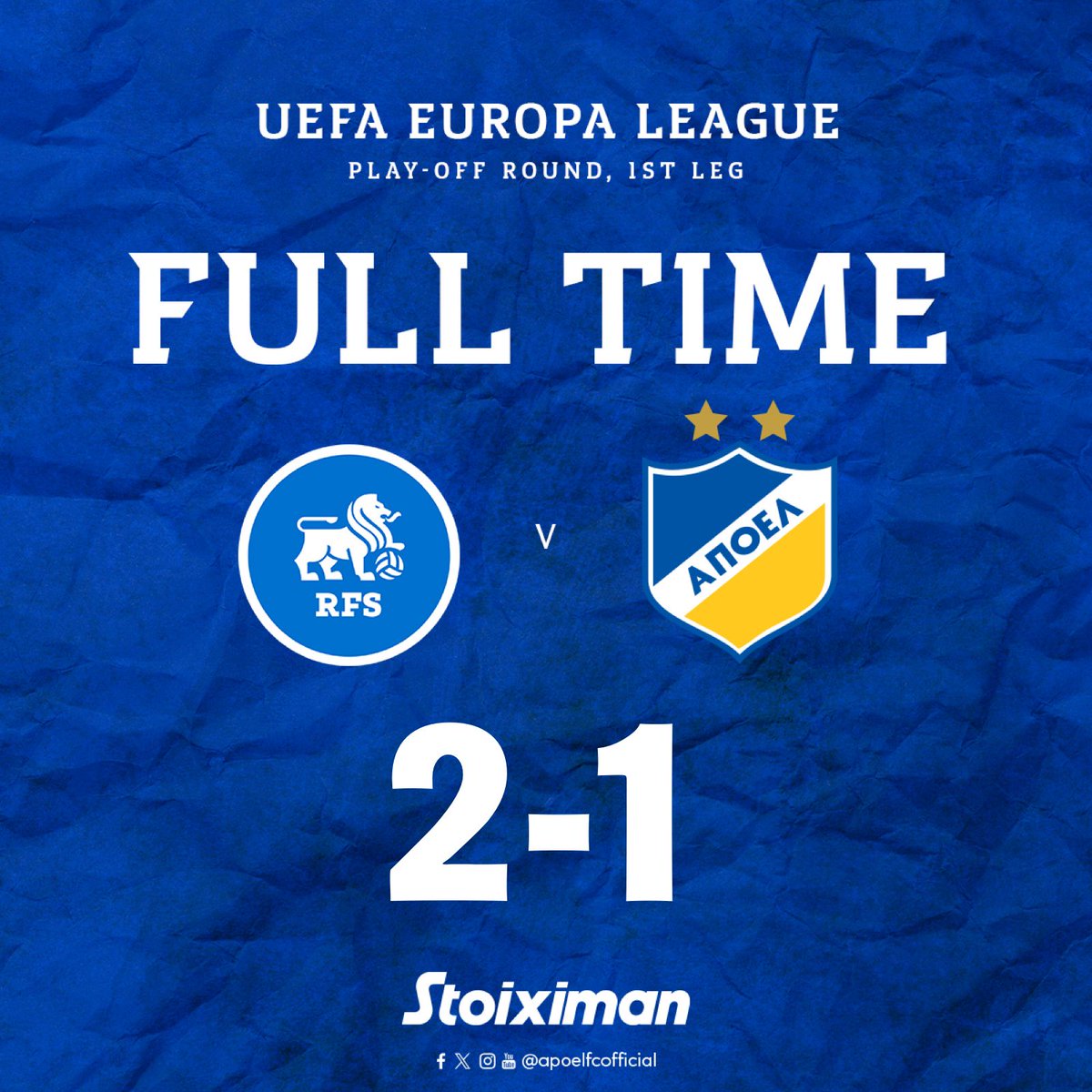 apoelfcofficial's tweet photo. [FT] Τέλος της αναμέτρησης.
#FCRFS 2-1 #APOELFC (#UEL PO-1st leg)
⚽️ Kouadio 31', Ikaunieks 45'+1(p) - El Arabi 52'

#RFSvAPO #UEL #apoelfclive
#Stoiximan #iroes https://t.co/s7kRFV7UKB