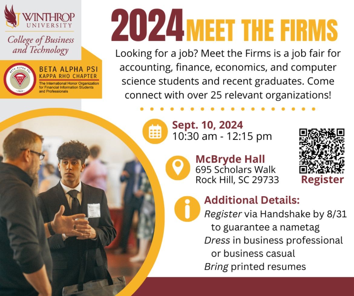 🎓 Ready to launch your career in Accounting, Finance, Economics, or Computer Science? Join us at @Winthrop University College of Business and Technology's 𝐌𝐞𝐞𝐭 𝐭𝐡𝐞 𝐅𝐢𝐫𝐦𝐬 on September 10th! 

#MeetTheFirms #Winthrop #BNACPA #Accounting #Finance #StudentSuccess