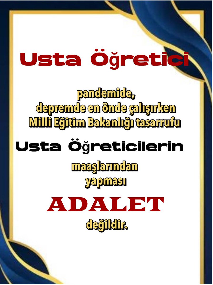 #USTAogreticiyeHAKyokKOTAvar 
Sayın Cumhurbaşkanım bizi bizden dinleyin.Usta Öğreticiler işsiz,aileleri mağdur.. 90 bin Ustaöğretici haketmedi. Kotaya hayır.
MEUS-FED Genel Başkanı 
Canan ÜNVER 
 <a href="/RTErdogan/">Recep Tayyip Erdoğan</a> 
<a href="/tcmeb/">Millî Eğitim Bakanlığı</a> 
<a href="/Yusuf__Tekin/">Yusuf Tekin</a> 
<a href="/_aliyalcin_/">Ali YALÇIN</a>