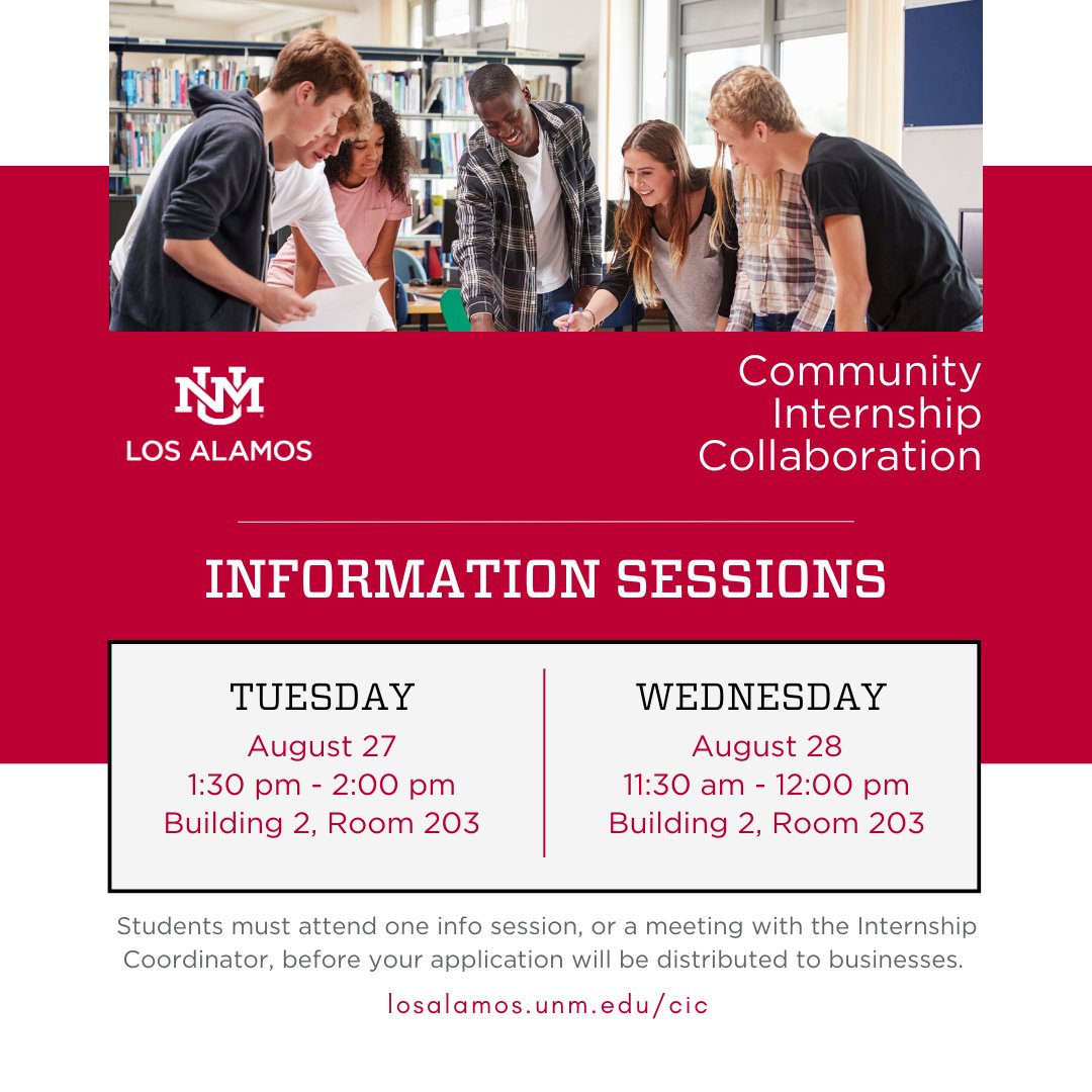 Interested in a paid internship with a local business? Be sure to attend one of our upcoming CIC info sessions!
Learn even more about CIC and how to apply here: losalamos.unm.edu/cic/cic-studen…
