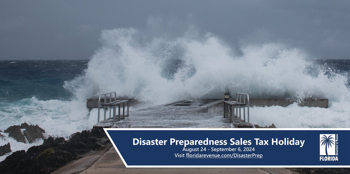 MiamiDadeEM's tweet image. Florida Sales Tax Holiday Alert!

From Aug. 24 - Sept. 6, 2024, get essential emergency supplies tax-free!

Plan ahead for hurricane season and check qualifying items here: FloridaRevenue.com/DisasterPrep 🌪️ #DisasterPrep #TaxHoliday #FLPrep