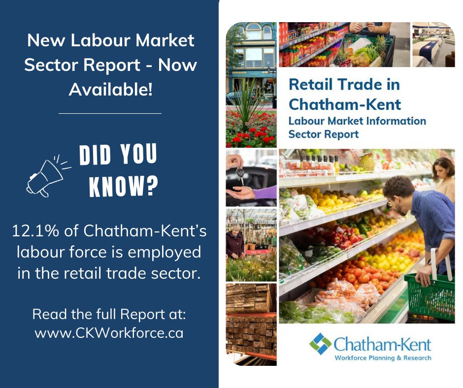CKWorkforce's tweet image. The Retail Trade in Chatham-Kent: LMI Sector Report is now available! To learn more about what is happening in Chatham-Kent’s retail trade sector, visit: ckworkforce.ca/researchreport…
#CKOnt #CKWorkforce