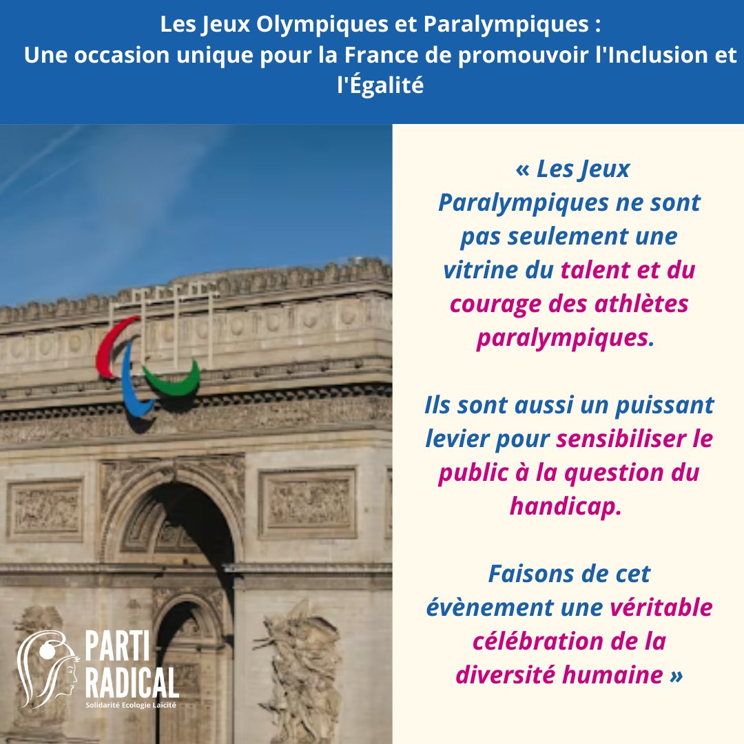 PartiRadical's tweet image. 📣Communiqué du @PartiRadical : Les Jeux Olympiques et Paralympiques : une occasion unique pour la France de promouvoir l'#inclusion et l'#égalité. #JeuxParalympiques2024 
Retrouvez le communiqué sur : bit.ly/3SVqYu3