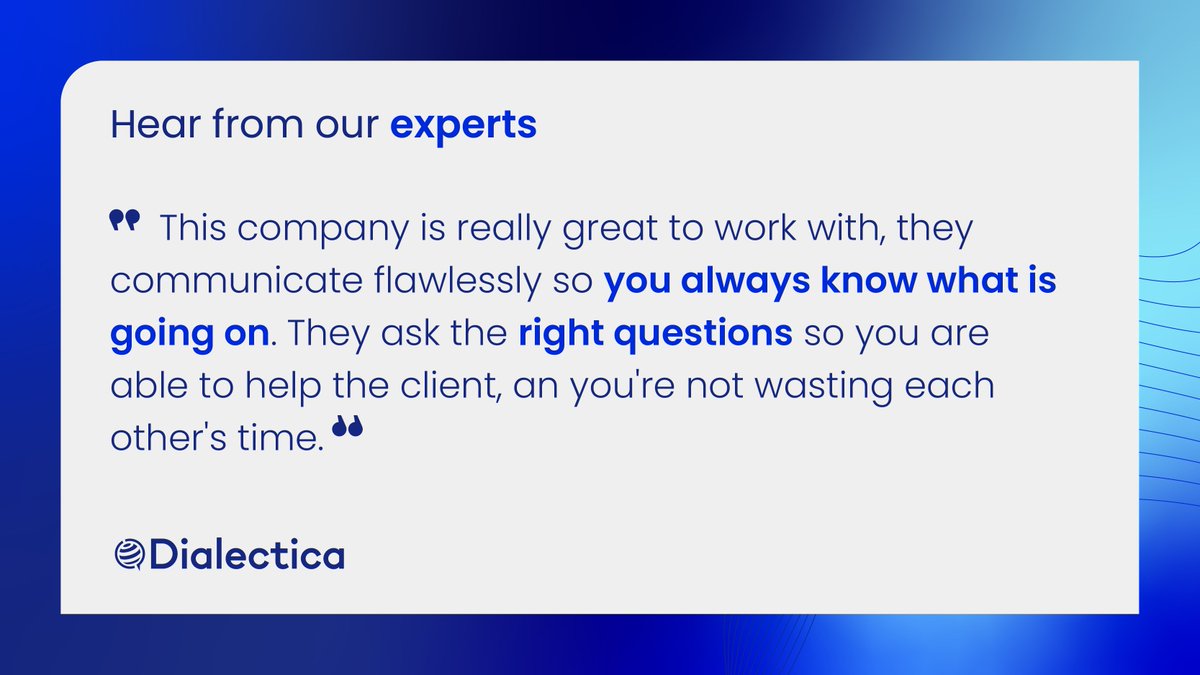 DiaIectica's tweet image. By joining Dialectica’s global experts network, you can engage in various consultation opportunities as we strive to build long-term relationships based on respect, and professionalism.

Put your knowledge in action: lnkd.in/d2qwRfVx

#Dialectica #ExpertNetwork