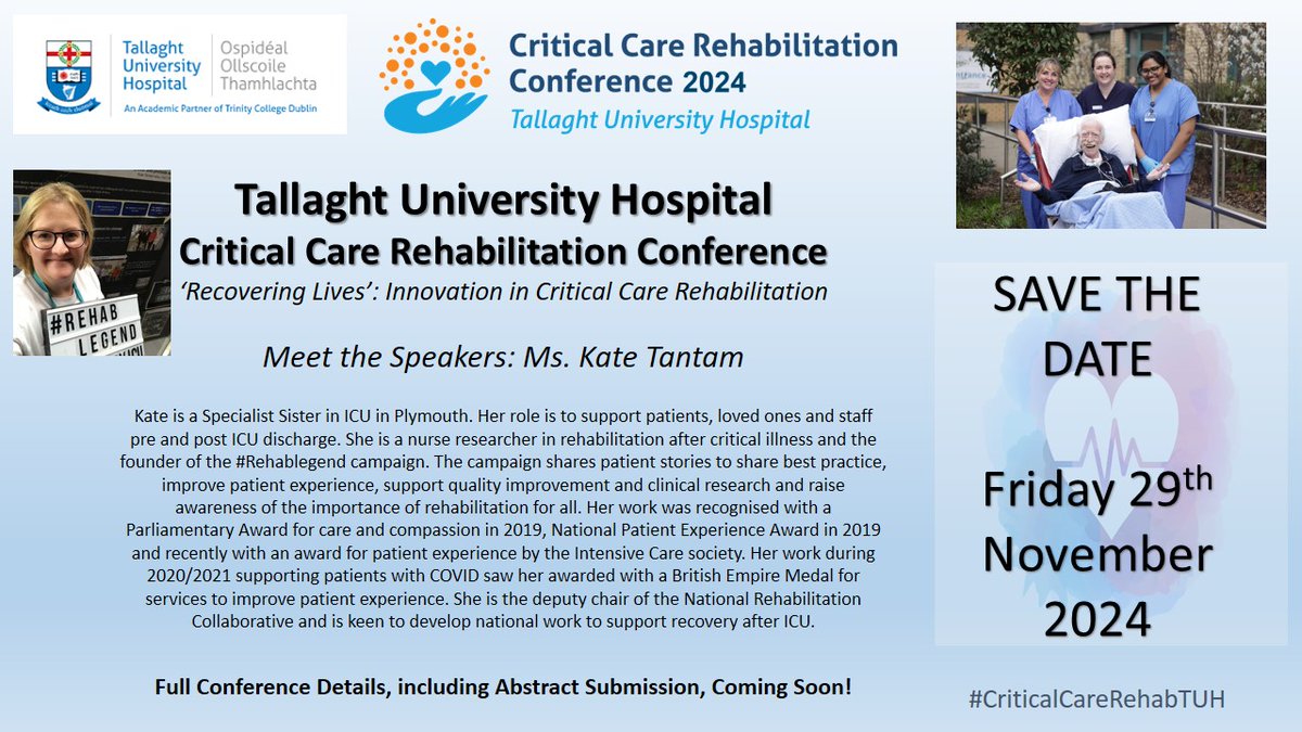 @ICUTallaght University Hospital (@icutallaght) on Twitter photo She needs no introduction, but please meet the wonderful #RehabLegend herself, <a href="/TantamKate/">Kate Tantam (She/her)</a>! We are so thrilled to be welcoming Kate to <a href="/TUH_Tallaght/">Tallaght University Hospital (TUH)</a> to talk about "Humanisation in ICU - What Matters to Patients?" 👏👏
#CriticalCareRehabTUH
#ICURehab #ICUHumanisation #MedRehab She needs no introduction, but please meet the wonderful #RehabLegend herself, <a href="/TantamKate/">Kate Tantam (She/her)</a>! We are so thrilled to be welcoming Kate to <a href="/TUH_Tallaght/">Tallaght University Hospital (TUH)</a> to talk about "Humanisation in ICU - What Matters to Patients?" 👏👏
#CriticalCareRehabTUH
#ICURehab #ICUHumanisation #MedRehab