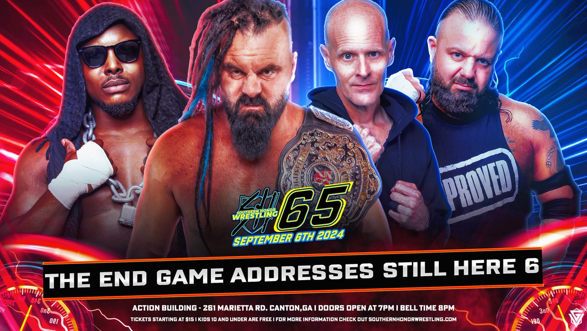 SHonorWrestling's tweet photo. The Endgame will address the fans on Sept 6th at #SHW65 as we make our final stop on the Road To #SHWStillHere6! What do Sexton, Keys, Halen, and the Southern Honor Champ Judais have in store as we head into our HUGE anniversary show? Come see for yourself LIVE and in person! https://t.co/xX7n0lW14Y