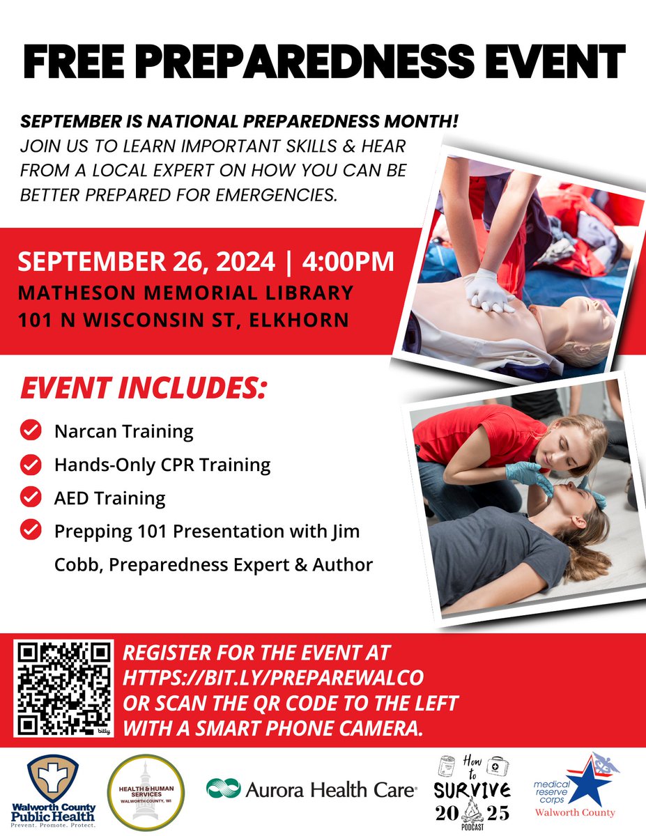 I've partnered with my local county Emergency Management team on this event coming up next month. While the training sessions are free, they do require attendees to register in advance. Either scan the QR code on the flyer or visit this site - co.walworth.wi.us/FormCenter/Pub…