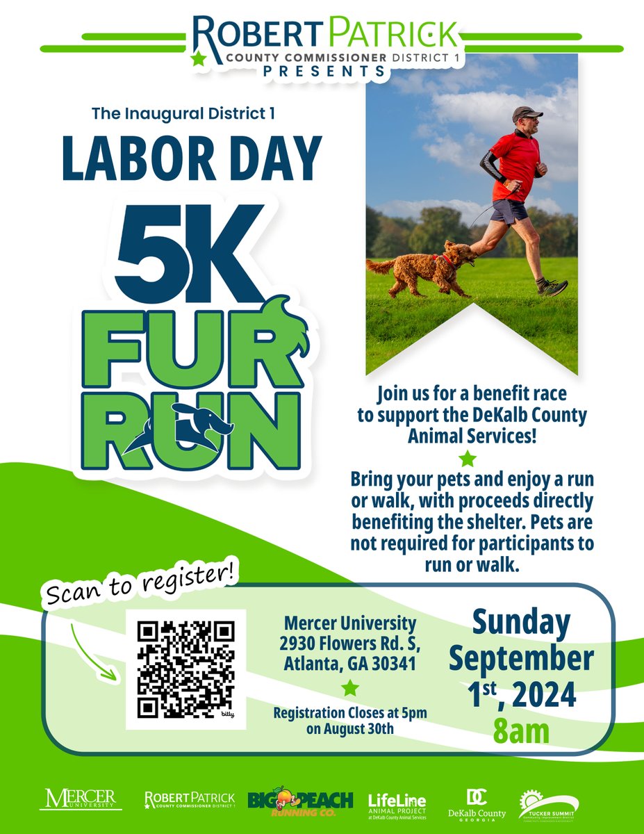 TSCID is proud to sponsor Commissioner Robert Patrick's inaugural District 1 Labor Day 5K Fur Run on Sunday, September 1.

Come out and bring your pets in support of DeKalb County Animal Services!