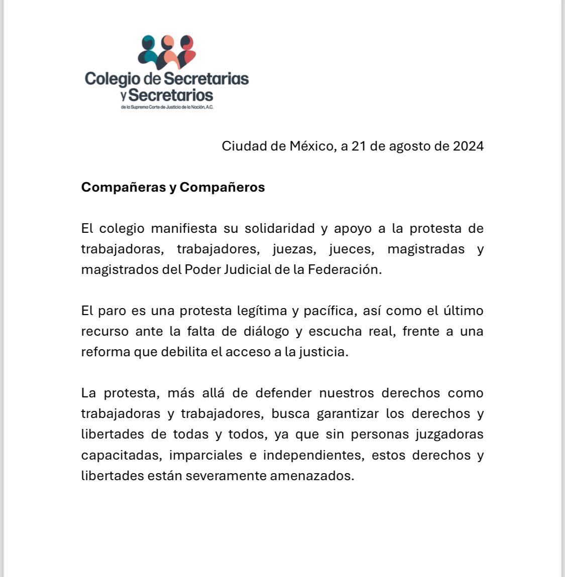 📍⚖️ Apoyo en solidaridad al paro legítimo y pacífico en favor del Poder Judicial de la Federación