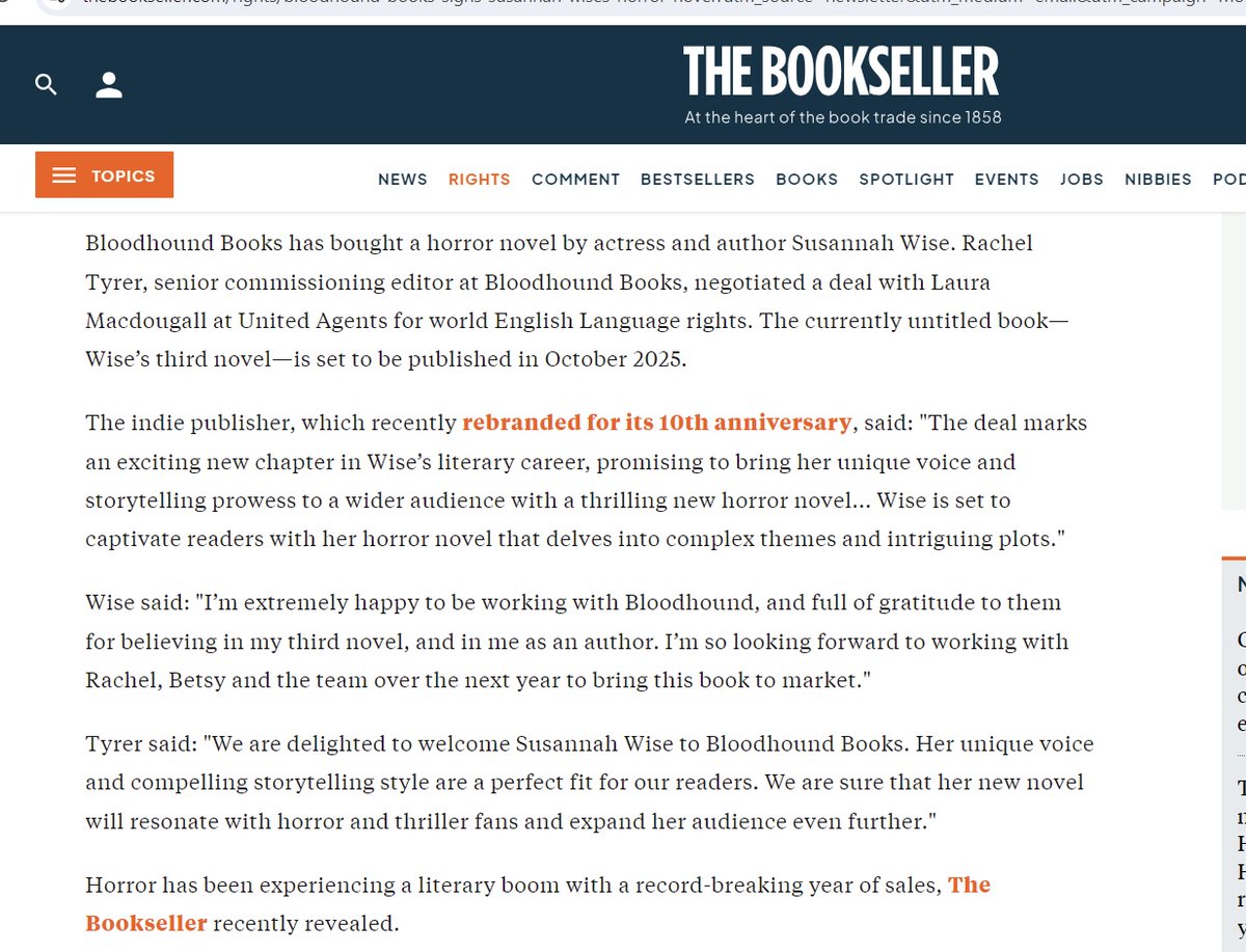 susannahwise's tweet image. Totally blown away to be on the front of The Bookseller today with news of book 3 (@BloodhoundBooks) w. blurb in pic 2, in no small part 'cos I’m sharing space with one of my favourite contemp lit authors, @CalebANelson  (in pic 3 cos insta won’t let me format us together) 🎉❤️💪🏼
