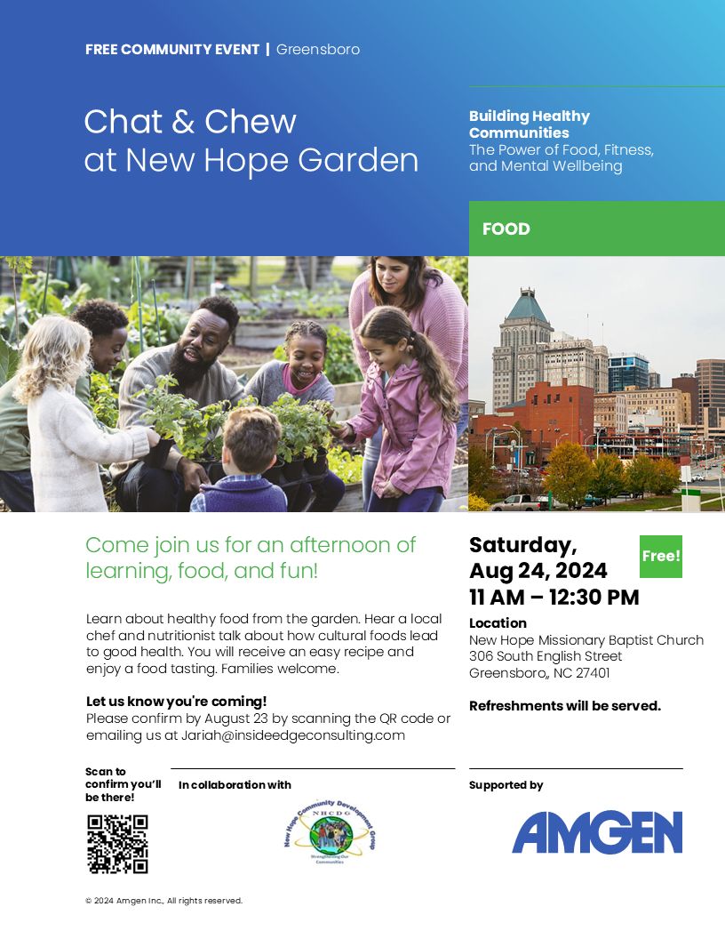 MWKFoundation's tweet photo. Greensboro, join us on Aug 24 for a free "Chat &amp; Chew" at New Hope Garden! 🌱 Learn about healthy cultural foods, enjoy a tasting, and take home a recipe. RSVP by Aug 23! #CommunityHealth #GreensboroEvents #FoodAsMedicine https://t.co/Q4b63cmsQw