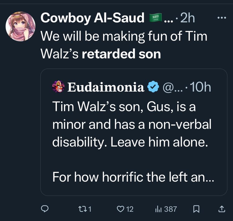 autismsupsoc's tweet photo. And to be very clear some accounts are being passively ableist on Twitter but there are some that are being actively bigoted toward the disabled such as: 

“We will be making fun of Tim Walz’s r******* son” 

If you have the spoons, please report this disturbing behavior. https://t.co/iH9QYZ7kLz