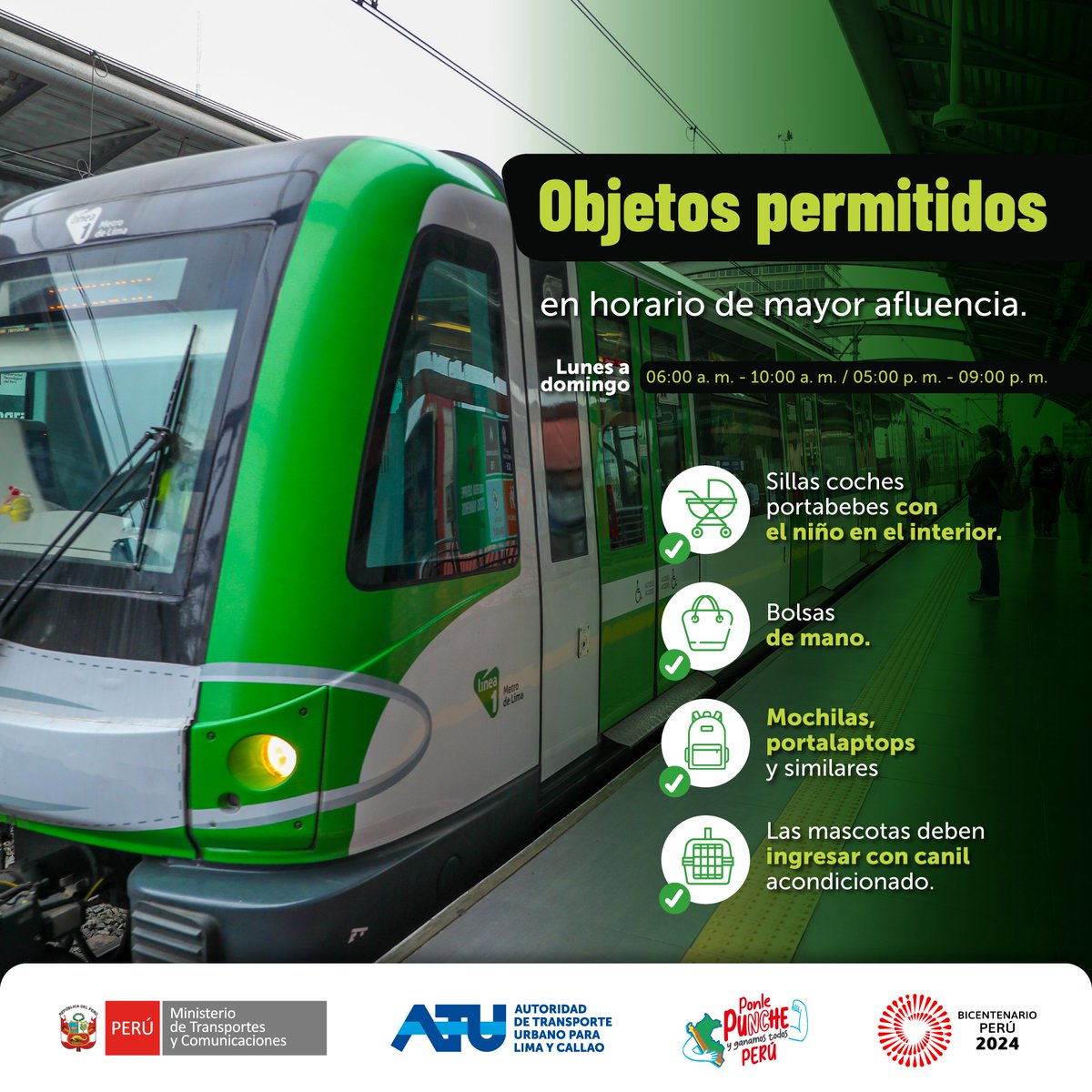 ATU_GobPeru's tweet photo. ¡Estimado, usuario! 🚉
Verifica los objetos permitidos antes de ingresar al tren de la #LineaUno.
Cumplir con estas recomendaciones garantiza un acceso seguro y sin inconvenientes para ti y los demás.💪 https://t.co/oL0KxQ6HTs
