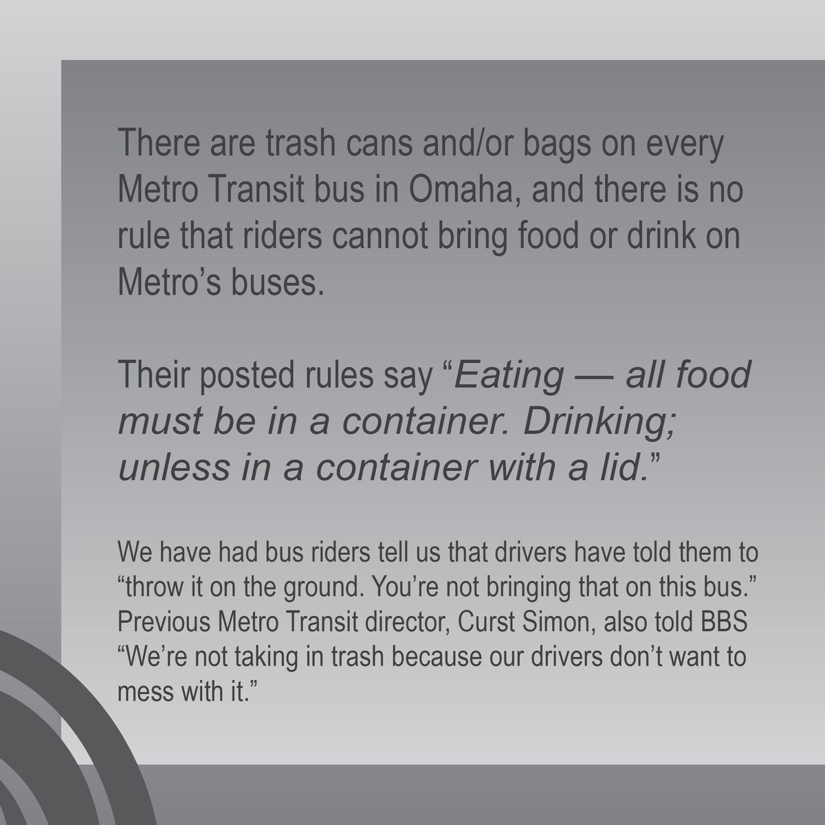 BestBuySignsOma's tweet photo. Questions like “How do we eliminate trash around bus benches?” were raised at the city council meeting on 6/4. 🚏🚌 DYK there are trash receptacles on every Metro Transit, and they have no rule against bus riders having food or drinks? 🔗 https://t.co/reci6m6iR2  #OmahaBusBench https://t.co/cOSehbJeuH