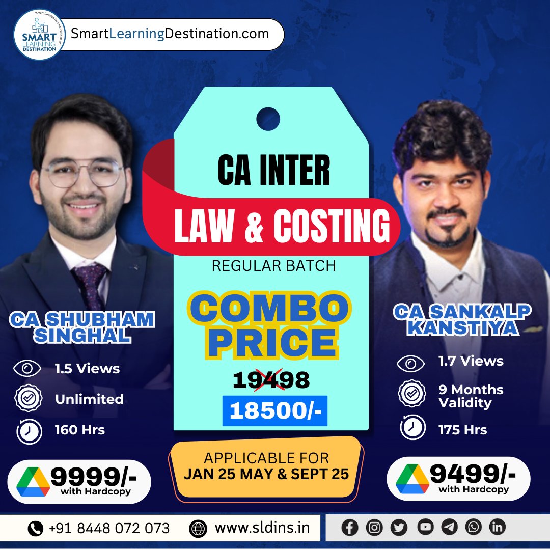 SLDINSLECTURE's tweet image. CA Inter Law & Costing Regular batch
☎️ Enquiry Call - 8448072073
📱 WhatsApp - 9179777 7788
🌐 Visit- smartlearningdestination.com
| On-Time Free Delivery |
| Lowest Price |
| Genuine Product |
| Secure Payment |
| Best After Sell Support |
| Serving Since 2016 |
#CA #inter