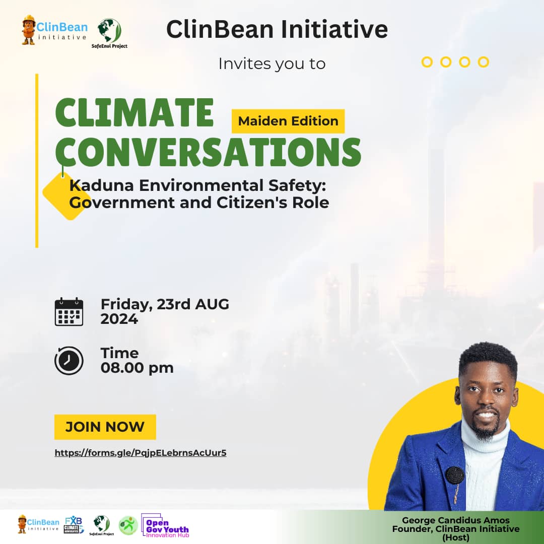 ClinBean's tweet photo. Date: 23rd August, 2024
Time: 8pm
Venue: Google Meet
Register to join the conversation: https://t.co/eiHXdPkKWv
See You! 📷
#ClimateCoversations #SafeEnvi #Climatechange #safeenvironment #ClimateAction #sustainability #fxbclimateadvocatsprogram #kaduna https://t.co/IQmwHgYwt3