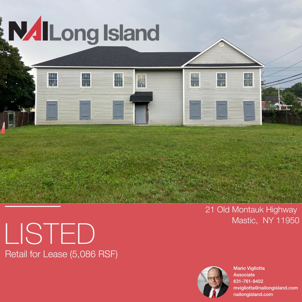 nai_longisland's tweet photo. Discover a *New Listing* at 21 Old Montauk Highway, Mastic NY! Perfectly zoned for #retail, #medical, #daycare, and more. Call Mario Vigliotta at 631-761-9402 for more details or click here - https://t.co/CMu8yN1TQz 
#commercialrealestate #MasticNY #longisland #retail #lease https://t.co/giuTkLhzjs
