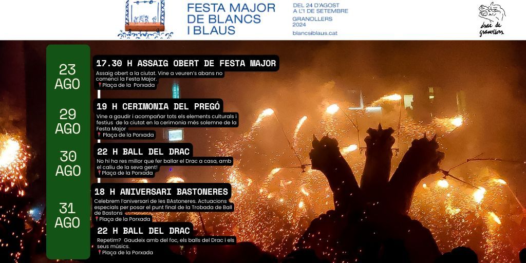 📅 Calendari dels actes on participa el Drac de Granollers a la Festa Major de Blancs i Blaus.