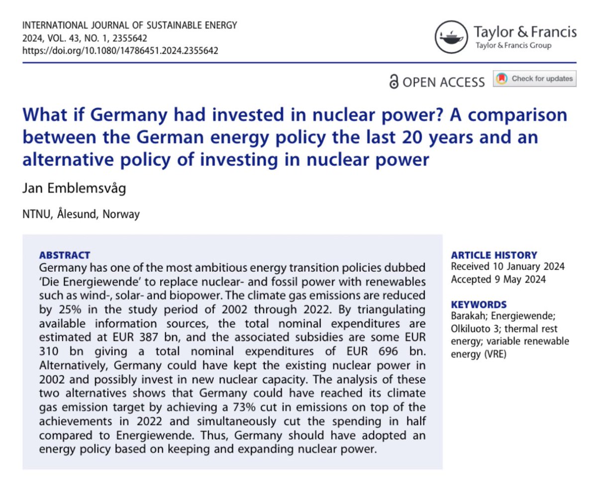 Alemania 🇩🇪 ha invertido 696.000 millones de € en su transición energética, reduciendo en un 25% las emisiones entre 2002 y 2022. 

Según un artículo científico, la inversión en energía nuclear habría reducido un 73% las emisiones con la mitad del gasto.
tandfonline.com/doi/full/10.10…