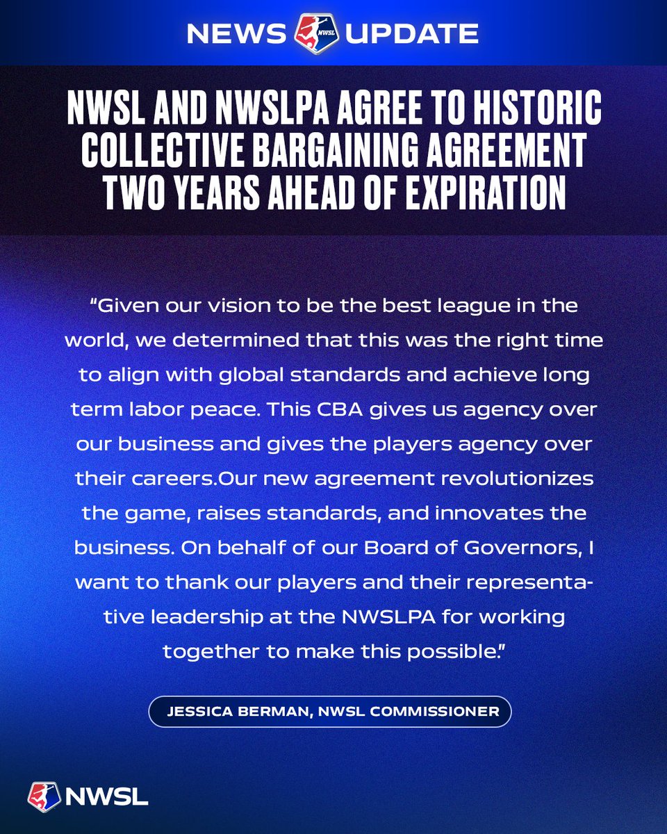 NWSL's tweet photo. The NWSL and the NWSLPA have agreed to a new CBA, extending the current contract by four years to 2030.

NWSL to eliminate draft, guarantee contracts, and grant unrestricted free agency to all players. Alignment to global standards and term extension through 2030 position the NWSL as the most elite league in the world both competitively and commercially.

Read more: https://t.co/6iiwRQJtOF