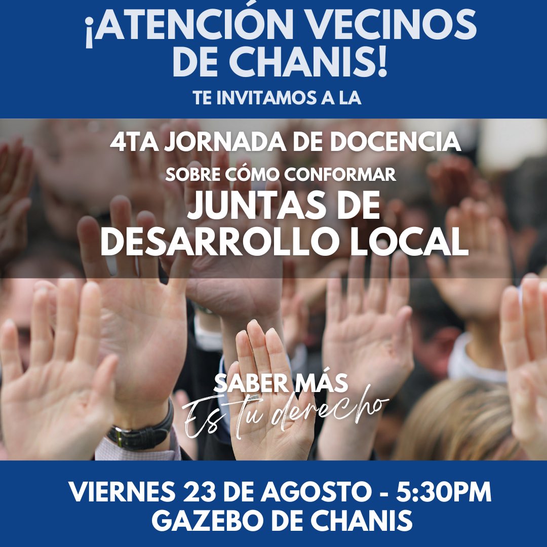 Parque_Lefevre's tweet photo. ¡Atención vecinos de #Chanis! Te esperamos en la 4ta Jornada de Docencia para que conozcas más sobre las Juntas de Desarrollo Local. Las #JDL son muy importantes para las tomas de decisiones en nuestra comunidad ¡Te esperamos! @Rodriguez_Olmos #ParqueLefevre https://t.co/BHCEyVH3Q5