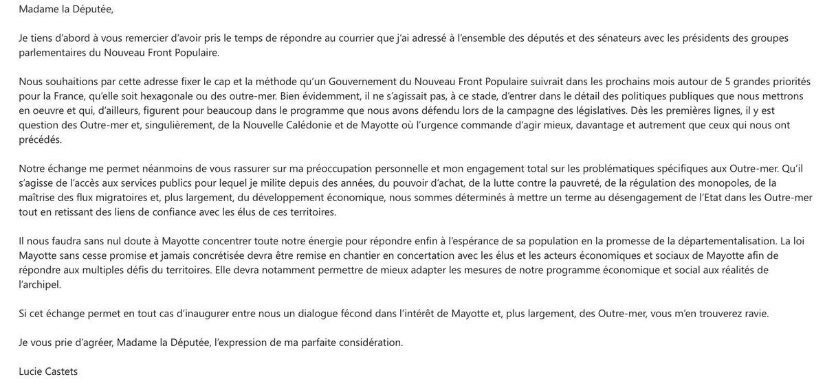 DeputeeEstelle's tweet image. Quel que soit le prochain #Gouvernement, je travaille sans partisanerie pour que la #LoiMayotte aboutisse avec cap, programmation financière, investissements+solutions  réglementaires à hauteur: partis @AssembleeNat doivent s'engager pour #Mayotte. Ici réponse #NFP @CastetsLucie