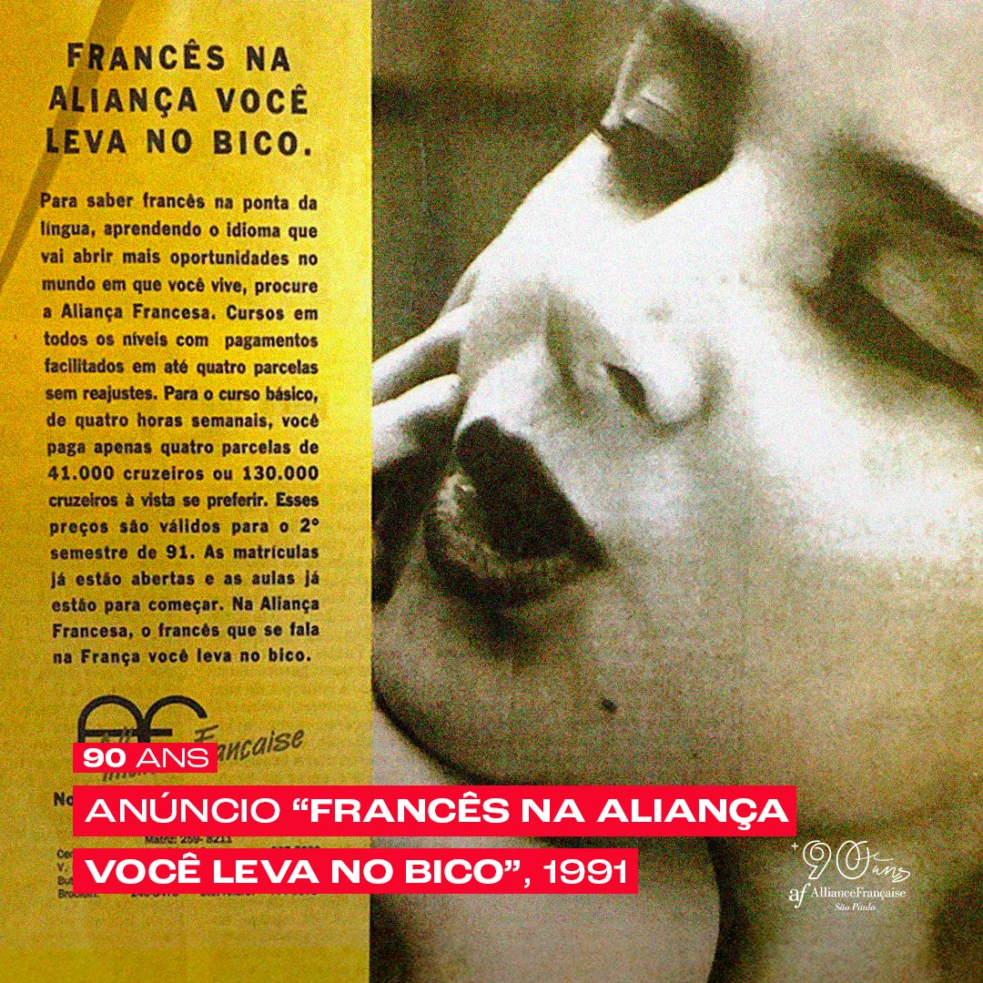 #TBT de 1991! ✨Vamos voltar no tempo com essa propaganda da Aliança Francesa de São Paulo! Em 1991, nossos alunos já podiam aprender francês "na ponta da língua" com cursos de qualidade. Há 90 anos, continuamos a proporcionar o melhor ensino da língua e cultura francófona. 🇫🇷🎓