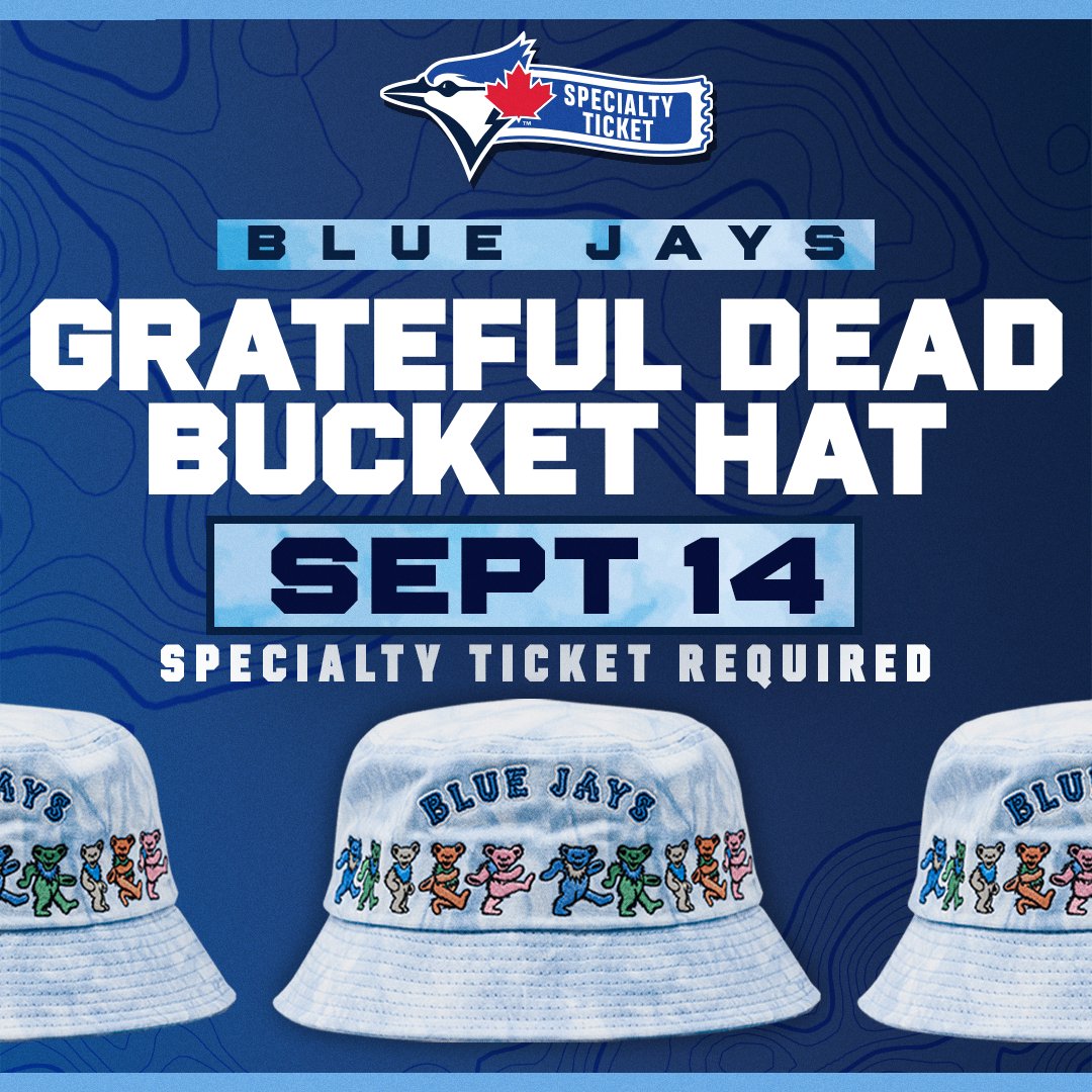 Don't miss out on <a href="/GratefulDead/">Grateful Dead</a> Day with the <a href="/BlueJays/">Toronto Blue Jays</a>! Specialty ticket holders get a limited edition Blue Jays x Grateful Dead bucket hat along with a ticket to see the Jays play the St. Louis Cardinals on Sept. 14, 2024. 

Tickets available here: shorturl.at/vvGdj