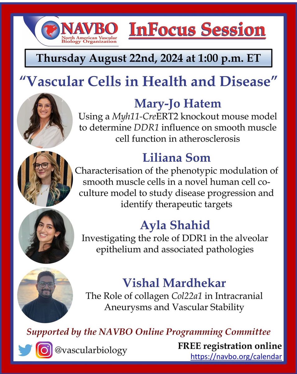 Happening  TODAY August 22, 1PM ET!

<a href="/vascularbiology/">NAVBO</a> NAVBO InFocus Session: Vascular Cells in Health and Disease 

Moderated by <a href="/Abhijnan/">Abhijnan Chattopadhyay</a> Chattopadhyay. 

You don’t want to miss out! 

FREE registration at tinyurl.com/4s9dtp6p