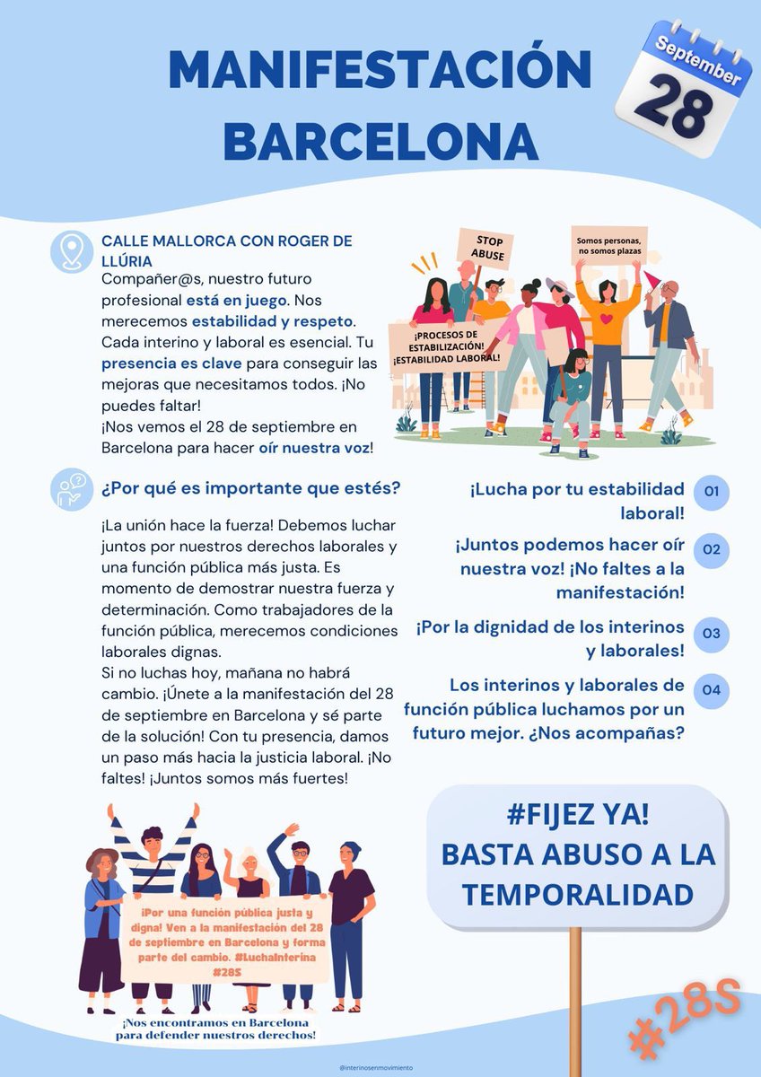 28 de septiembre.👇🏻
Manifestación en Barcelona en favor de los interinos en abuso de temporalidad que reclaman fijeza.
Comienzan las movilizaciones!! 💪🏻
🫵🏻 No hay excusas, los interinos nos defenderemos a nosotros mismos!!