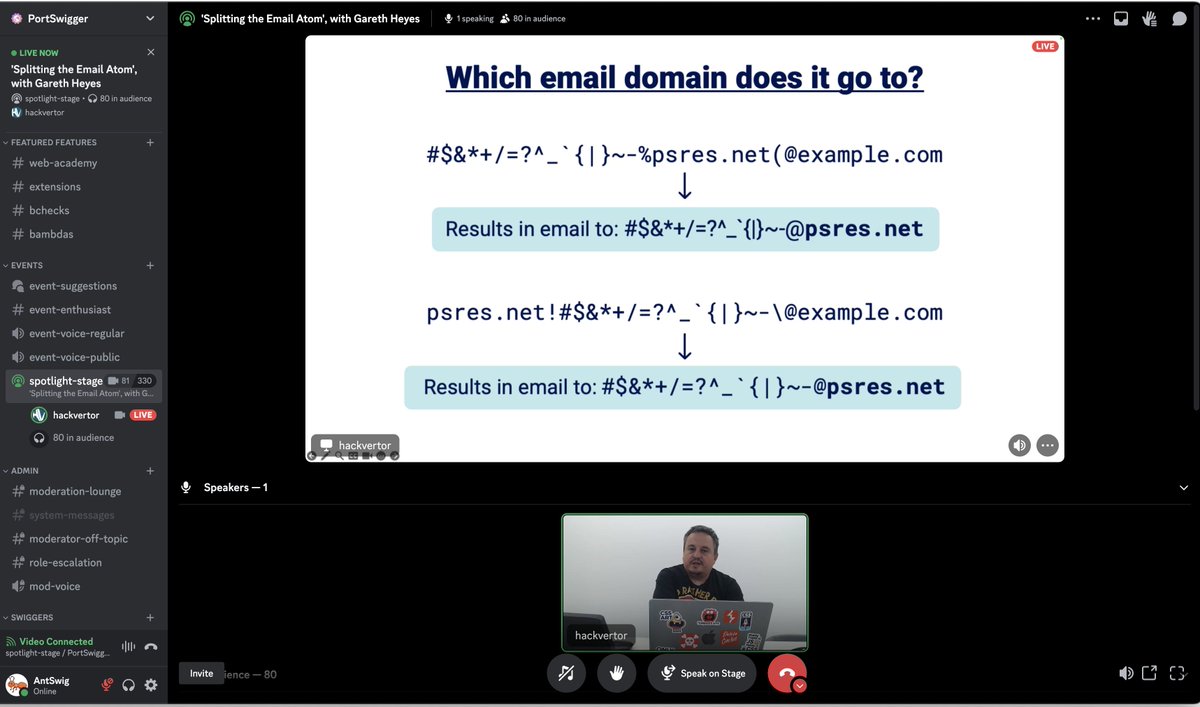Gareth Heyes (<a href="/hackvertor/">hackvertor</a>) is live giving his talk on Splitting the Email Atom over on the <a href="/PortSwigger/">PortSwigger</a> official Discord server!
If you want to want to take part in future events like this, you can join too.
discord.gg/portswigger