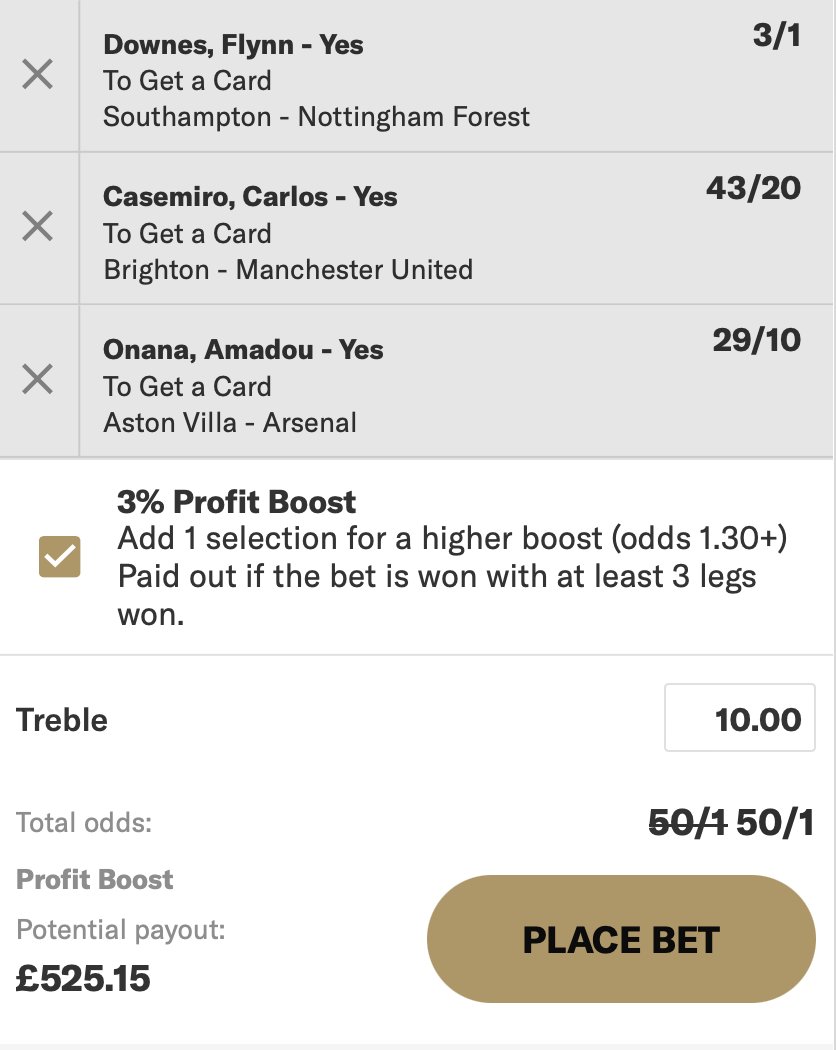TheCardDealer's tweet photo. 🔥 52/1 SATURDAY TREBLE, BEST PRICED @ BETMGM 

📩 Bet £10 on this & you'll get £60 FREE BETS here > https://t.co/2xywwJBmCy 

🇧🇪 Onana: 24 cards in just 83.7 domestic league 90s; foul made vs. West Ham opening day, will have plenty of defending to do vs. quality Arsenal side.

🇧🇷 Casemiro: 100 cards in 273.7 domestic league 90s, 14 since joining MUFC & made foul on opening day whilst also getting 90 mins.

🏴󠁧󠁢󠁥󠁮󠁧󠁿 Downes: 50 cards across 147.6 domestic 90s, 9 last season in the champ (40 fouls) + made 5 fouls on the opening day vs. 10 man Newcastle.

❤️ LIKE & SHARE, IF THE BET LANDS I'LL SEND £500 CASH TO A FOLLOWER AT RANDOM! 

#AD | New Customer Offer | T&C's Apply | 18+ | https://t.co/KzJwsjiiUI