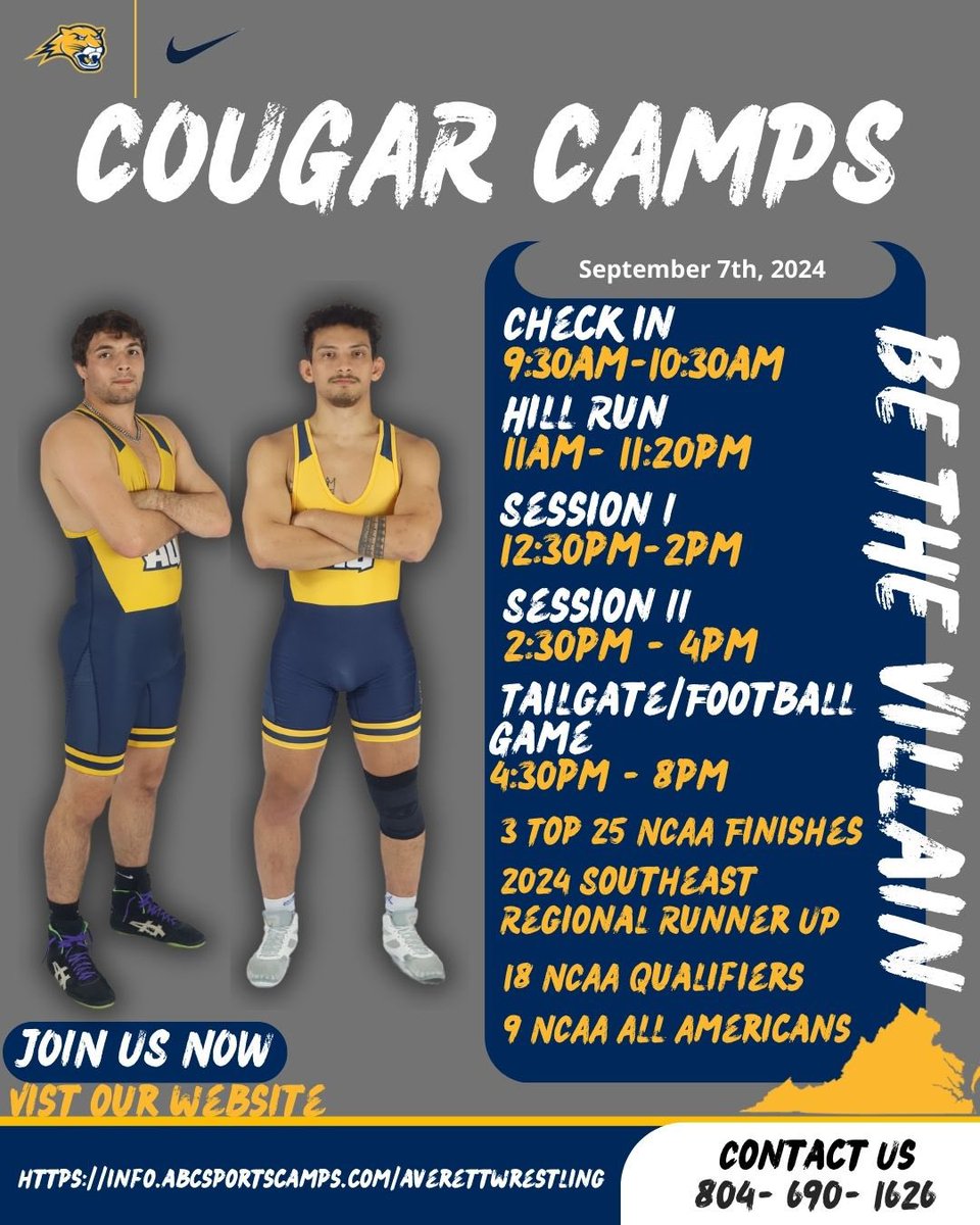 averettwres's tweet photo. September 7th Camp includes the whole Averett experience:
Hill Run ๐๐พโโ๏ธ
3 hours of HIGH LEVEL TECHNIQUE ๐คผ
Tailgate and Football Game ๐
#ThriveNChaos #BetheVillain https://t.co/J8Yv2uKPfv