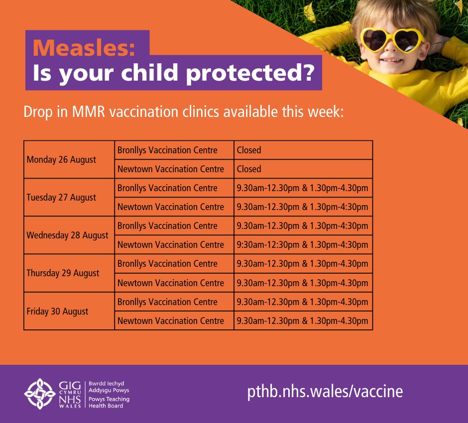 Drop in MMR vaccination clinics are available this week. Cases of measles are increasing in the UK. Make sure your child is protected – it is never too late to catch up. More information: pthb.nhs.wales/news/health-bo…