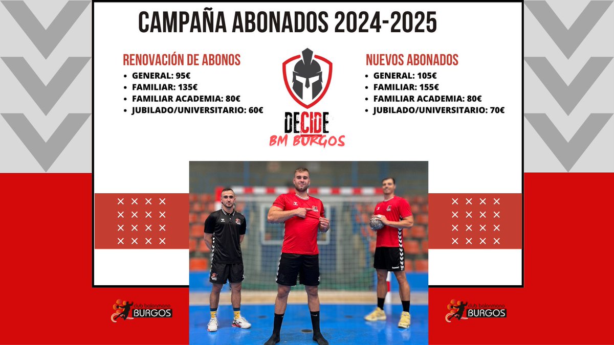 🚨¡Comienza la #CAMPAÑADEABONADOS 2024-2025! 🚨
▪️ Desde el lunes 26 de agosto hasta el 6 de septiembre➡️renovación de los abonos.
▪️ Del 9 al 13 de septiembre ➡️ nuevas altas.

No te lo pierdas!
#DecideBMBurgos 🤾‍♂️

Más info: goo.su/WFFx